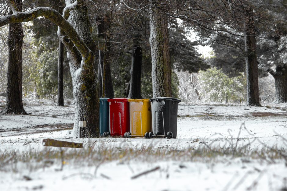 Multicolored recycling bins in a snowy winter park setting, highlighting waste management.